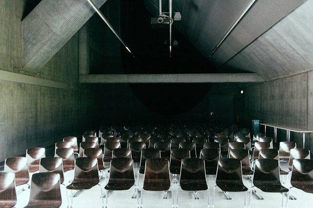A dimly lit auditorium with rows of empty, dark brown chairs arranged in orderly columns facing towards a stage or presentation area. The architecture features exposed concrete walls and a high, slanted ceiling with visible lighting fixtures and a projector mounted on the ceiling.