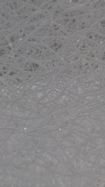 A complex network of tangled, translucent threads or fibers intertwined in an intricate pattern. The strands create an abstract and organized chaos with a smooth and reflective surface.