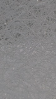 A complex network of tangled, translucent threads or fibers intertwined in an intricate pattern. The strands create an abstract and organized chaos with a smooth and reflective surface.