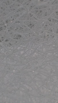 A complex network of tangled, translucent threads or fibers intertwined in an intricate pattern. The strands create an abstract and organized chaos with a smooth and reflective surface.
