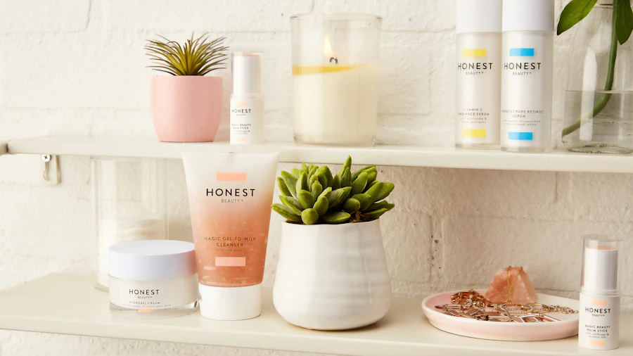 toiletries, plants, and candle on white shelves