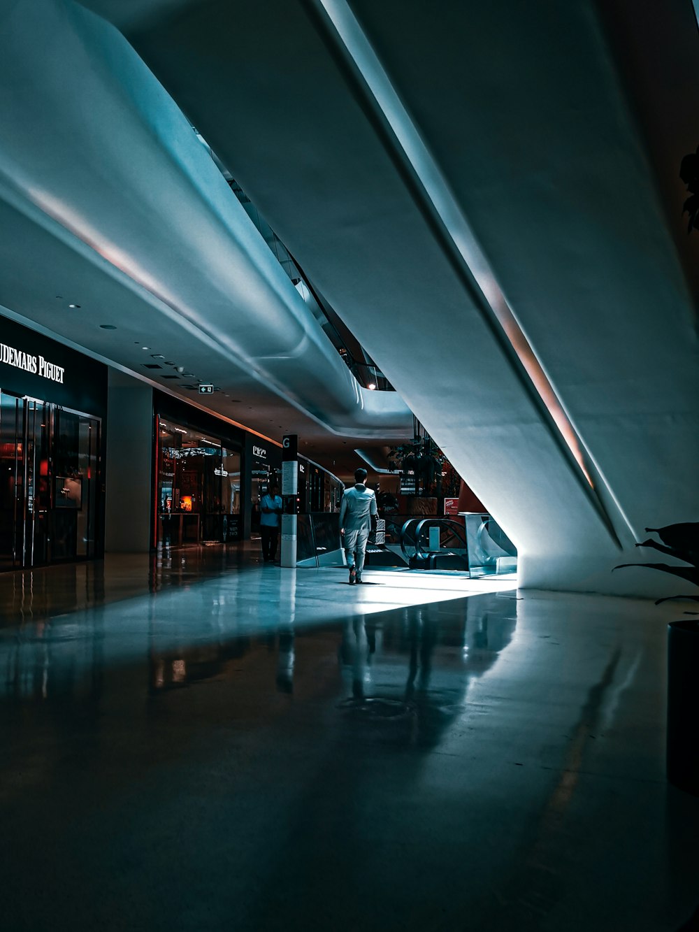 person walking beside escalator