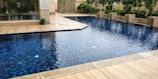A rectangular swimming pool with clear blue water, surrounded by a beige tiled patio. There is a line of greenery, including bushes and hedges, along one side, providing a natural backdrop. The setting appears to be part of an outdoor area adjacent to a building with glass doors.