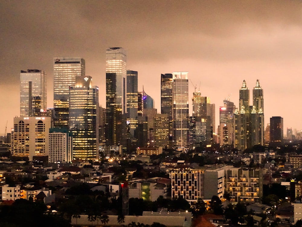 city with high-rise buildings during night time