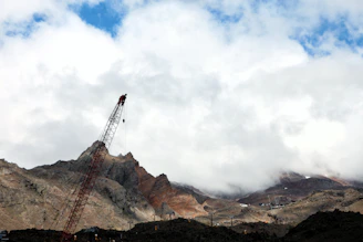 A towering crane lifting materials against a backdrop of tropical palm trees and mountains.