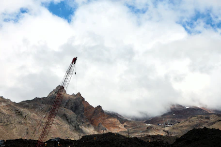 A towering crane lifting materials against a backdrop of tropical palm trees and mountains.