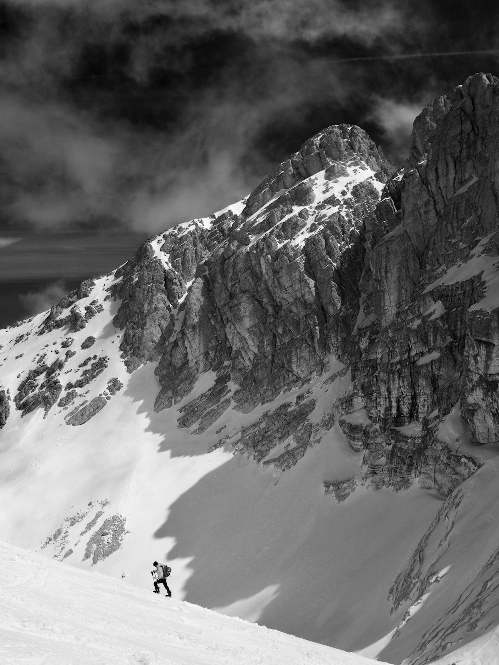 Photographie en niveaux de gris de la montagne