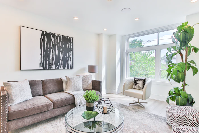 Zebra blind with alternating sheer and solid stripes over a bright living room window