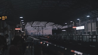A dimly lit train station platform features several people waiting with their heads down, likely looking at their phones. Overhead, a metal canopy structure extends across the platform, and fluorescent lights provide sparse illumination. Digital signs display various texts, including an illuminated exit sign in both Chinese and English. The background reveals a city skyline fading into the evening dusk.