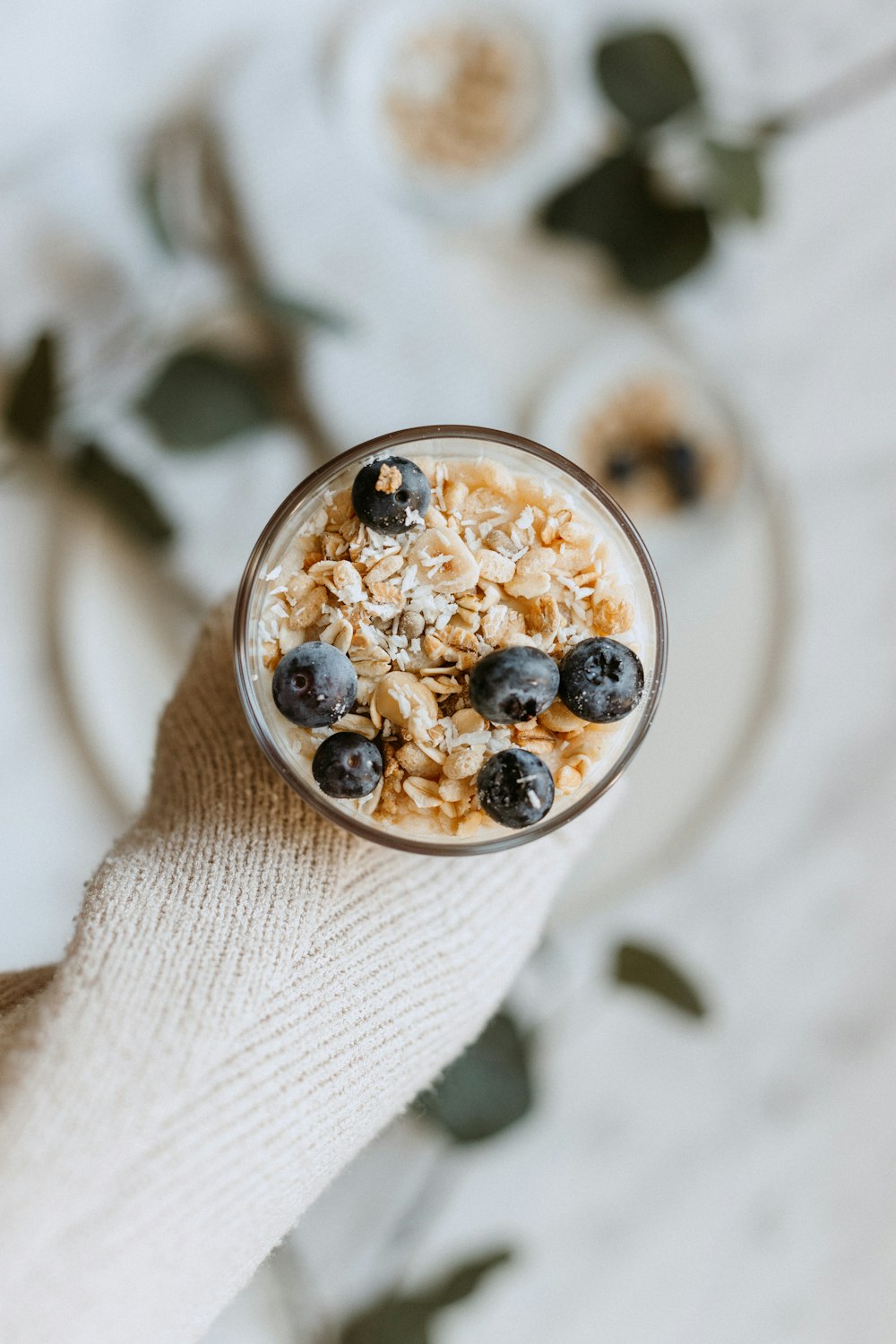 a person holding a glass of oatmeal with blueberries