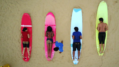 Group of students learning to surf with instructors on the shore
