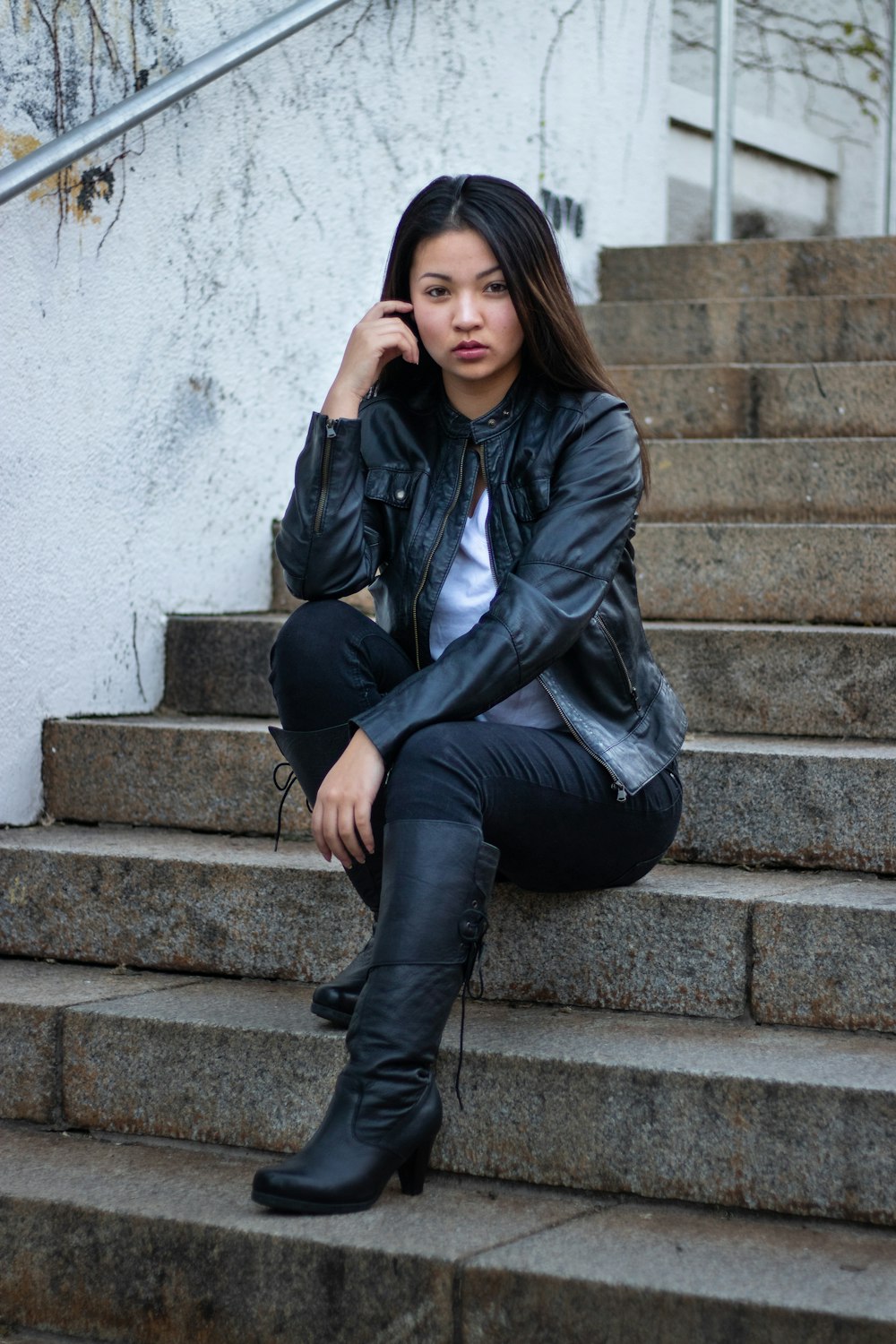 women's black leather zip-up jacket