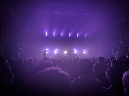 A dimly lit concert venue features a stage with bright, purple and white lights shining through mist. The silhouettes of a band and musical equipment are visible in the background, while a large audience fills the foreground, creating a dynamic and lively atmosphere.