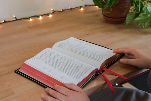 An open book with red and black text lies on a wooden table. Two hands are gently placed on either side of the book. A small string of warm, white lights runs along the edge of the table, creating a cozy ambiance. A potted plant with green leaves sits in the background.