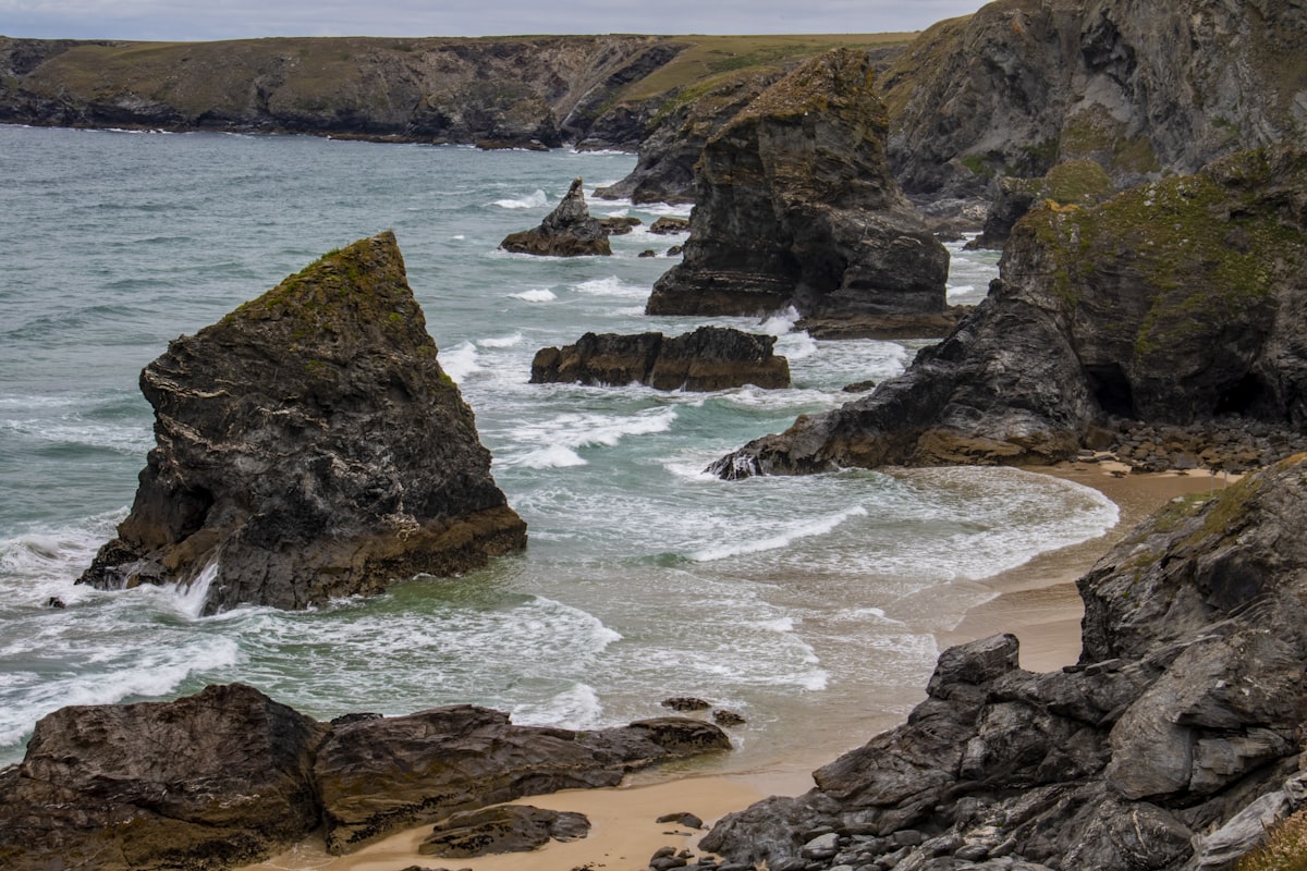 Bedruthan Steps dramatic rock stacks on the Cornwall coast