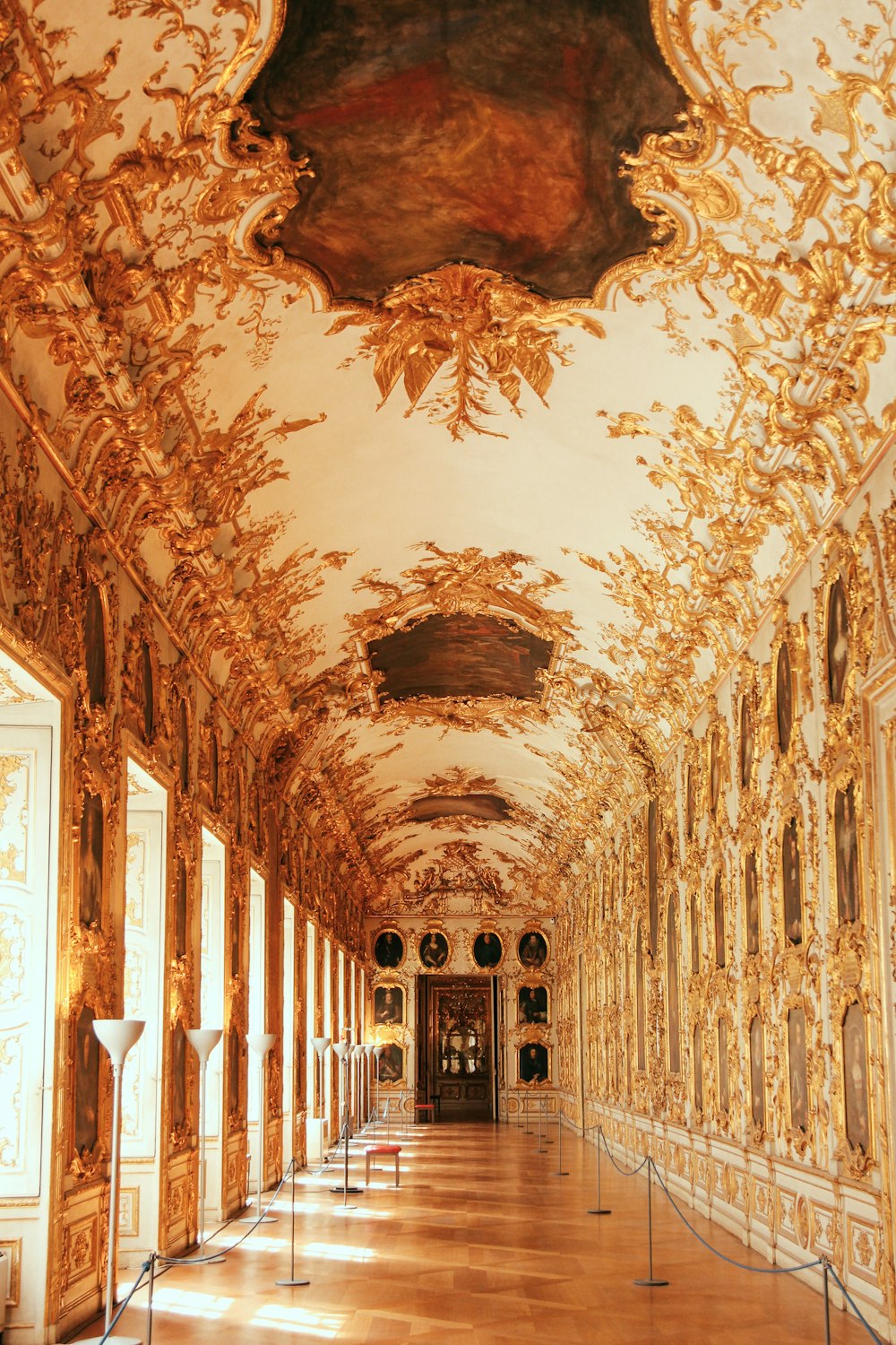 empty brown and white floral hallway