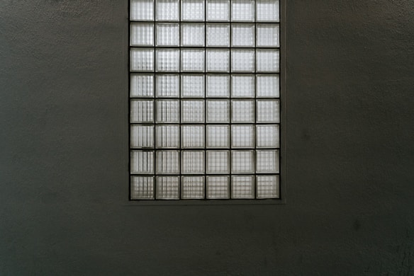 A grid of translucent glass blocks is set into a gray wall. The glass blocks are arranged in a rectangular pattern, providing textured light diffusion.