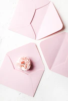 A softly lit photo of a dusty blue envelope tied with a pale pink ribbon, resting on a cream floral background.