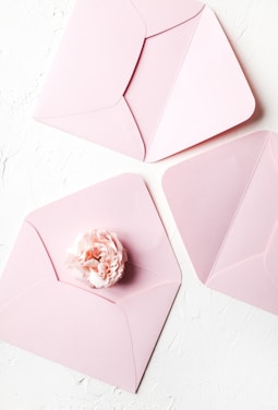 Three pastel pink envelopes are arranged on a textured white surface, with two of them slightly opened. A delicate pink flower rests inside one of the opened envelopes, adding a soft and romantic touch to the composition.