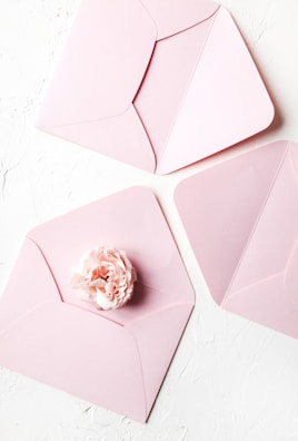 Three pastel pink envelopes are arranged on a textured white surface, with two of them slightly opened. A delicate pink flower rests inside one of the opened envelopes, adding a soft and romantic touch to the composition.