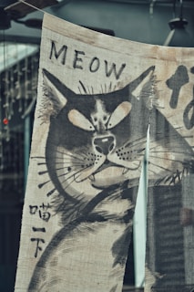 A decorative fabric banner features a monochromatic illustration of a cat with intense, wide eyes and a bold expression. The word 'MEOW' is written above the cat's head in large letters. The artwork is executed in a style reminiscent of traditional ink painting and has Asian calligraphy characters inscribed. The background is blurred, suggesting an indoor setting with some hanging decorative elements.