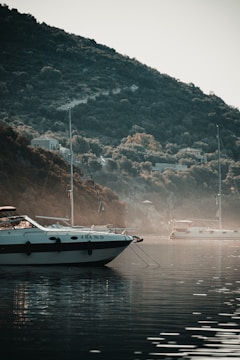 Sirena yacht anchored near a misty forested coastline under a soft morning light.