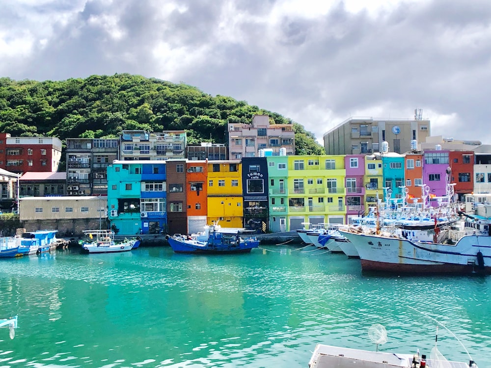 boats near multicolor houses