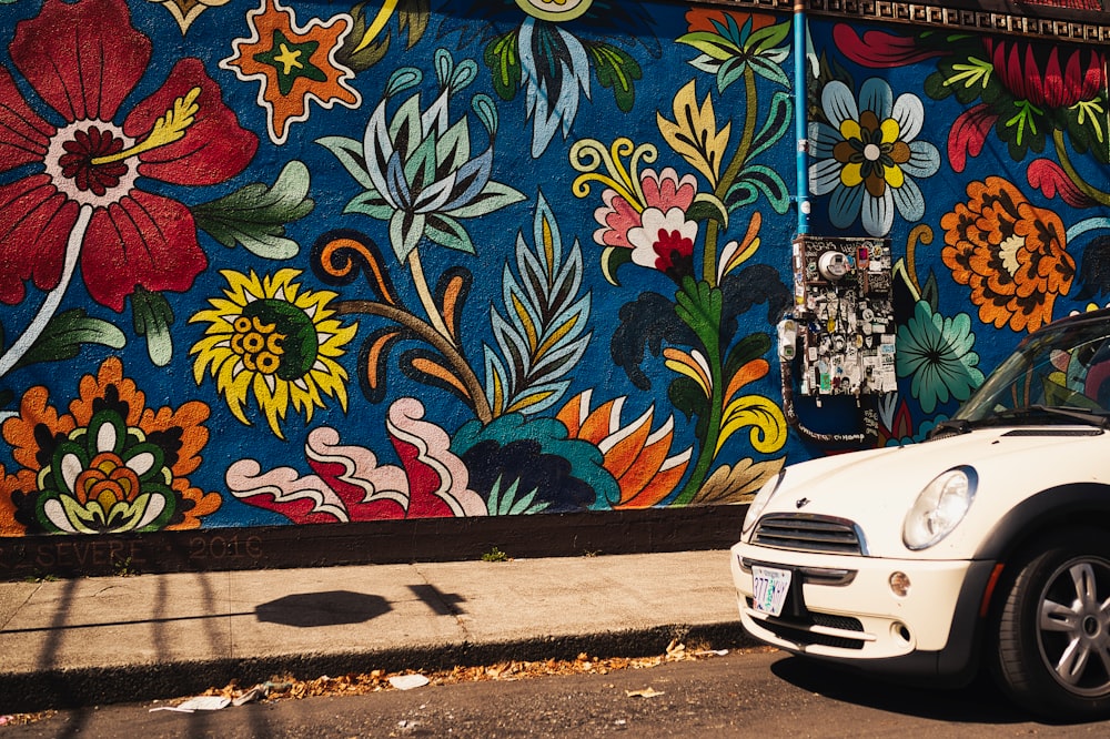 Vehículo blanco junto a grafitis florales multicolores