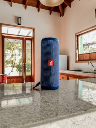 A modern kitchen with a JBL speaker on the counter playing music.
