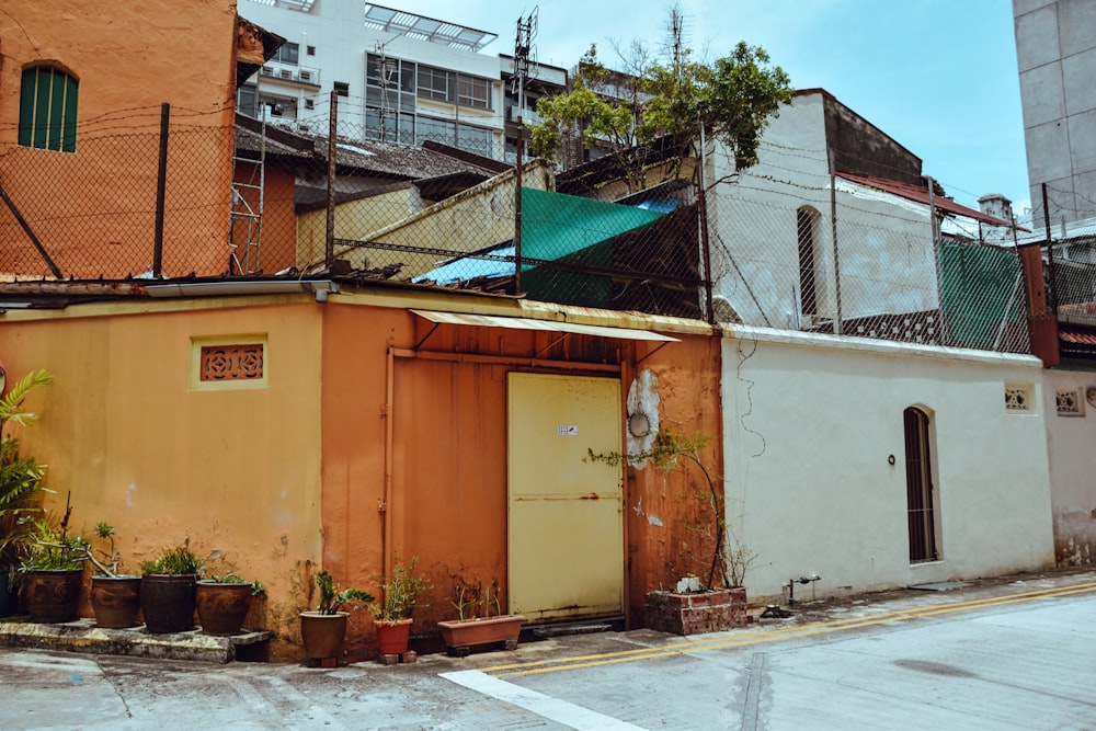 building with plants beside it's walls and yellow closed gate