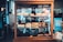 A wooden and glass display case filled with assorted pastries and baked goods, each with handwritten labels indicating their names and prices. Items include almond croissants, cheesy brownies, cinnamon rolls, and banana bread. A promotional card to the right offers a cashback deal.