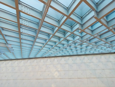 A geometric ceiling structure with a grid pattern dominates the scene. The ceiling consists of intersecting steel beams with panels of glass in between, allowing natural light to filter through. The wall below is made up of smooth, cream-colored panels lined with a series of small circular fixtures.