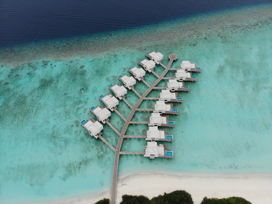 Aerial view of an island resort in the Maldives