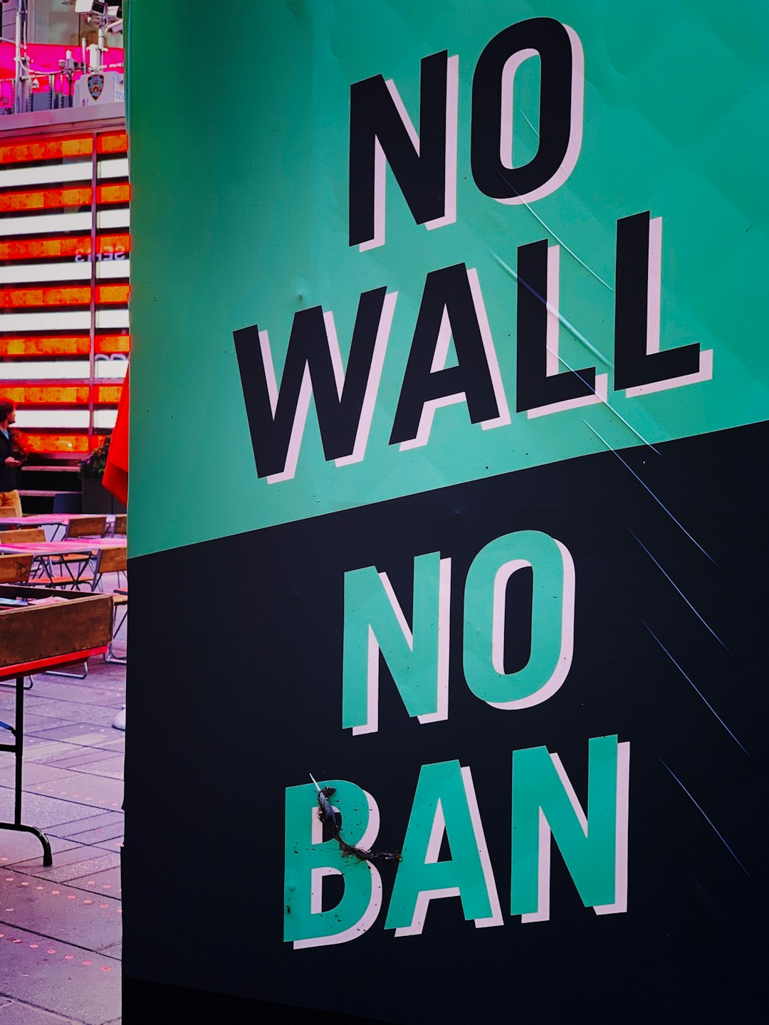 teal and black no wall no ban poster