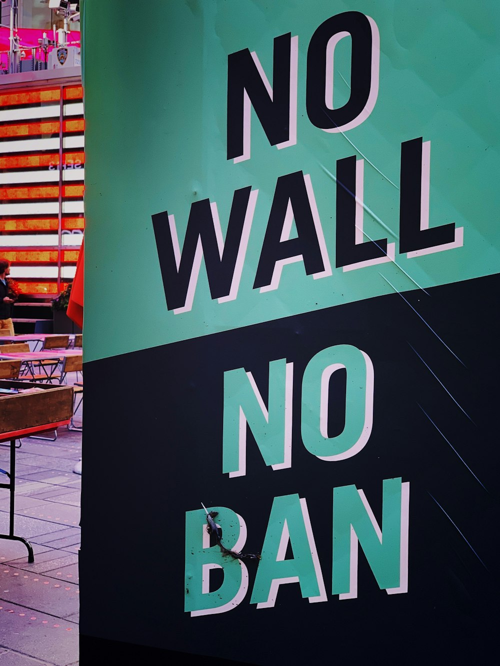 teal and black no wall no ban poster