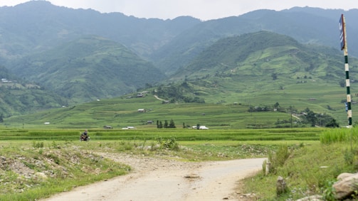 A dirt road cuts through lush green rice paddies, with rolling hills in the background. A person on a bicycle is traveling down the road, and scattered homes dot the landscape. The sky is overcast, casting a soft diffused light over the scene.