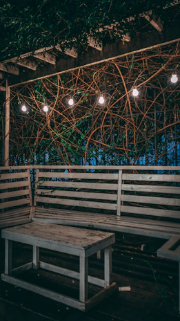 Elegant dining setup under a pergola framed by climbing vines and soft twinkling lights.