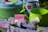A collection of household items including a light blue plastic salad spinner, a green and light blue metal watering can with red floral designs, a green bucket, and an arrangement of pink and white felt flowers on a purple and pink striped cloth.