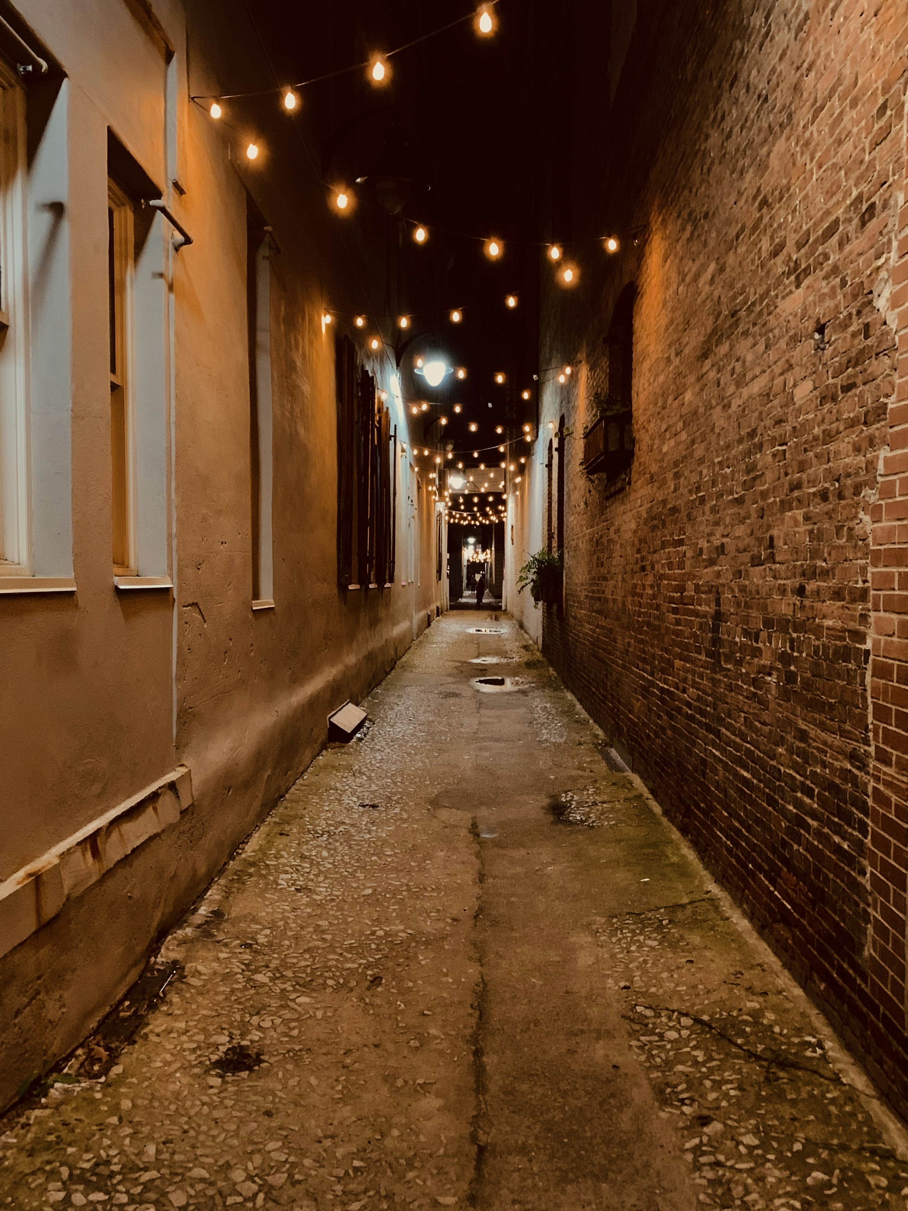 Alley With Hanging Lights During Night Photo Free Corridor Image On Unsplash