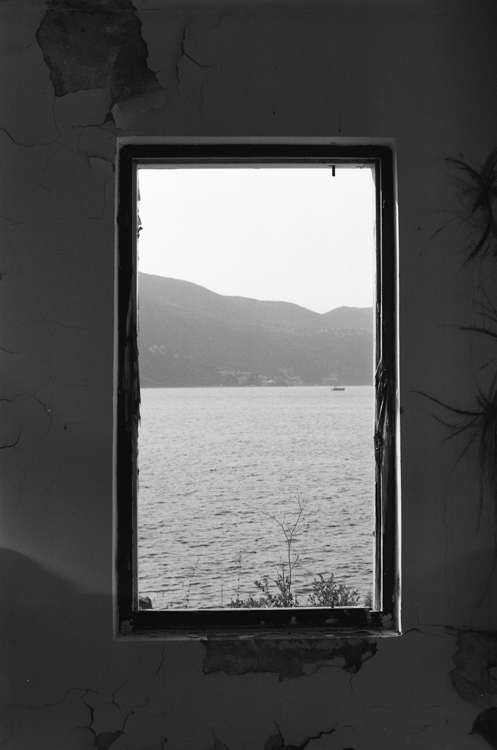 grayscale photo of body of water through glass window