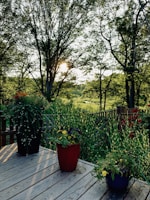 A spacious deck overlooking a well-maintained backyard garden.