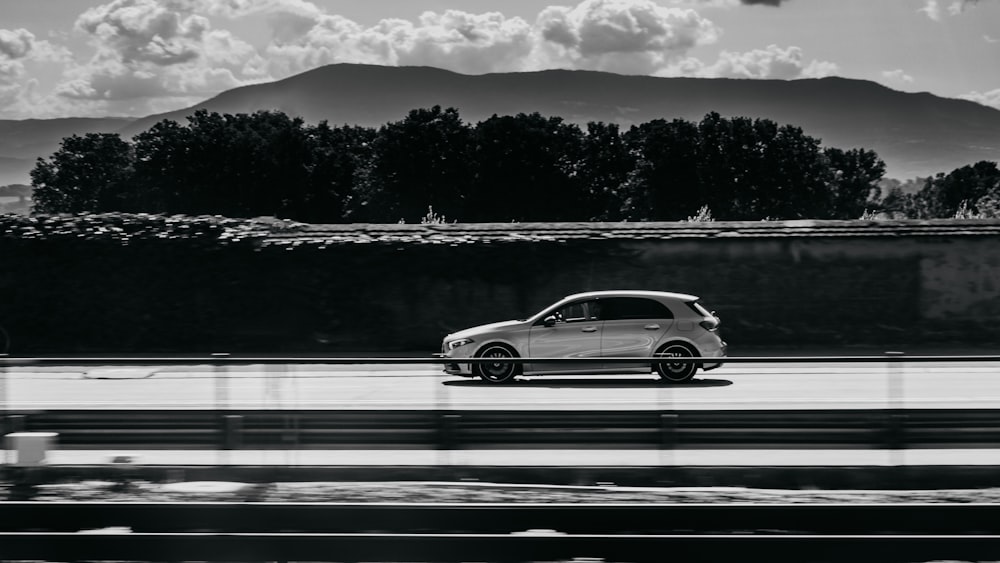 grayscale photo of hatchback