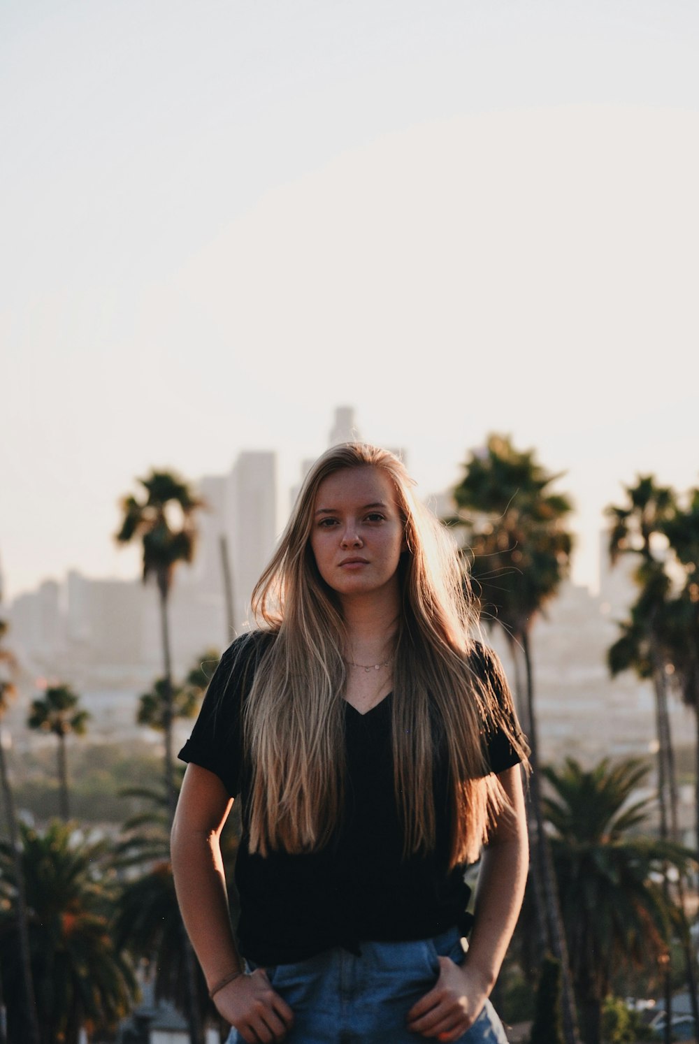 woman wearing black v neck shirt