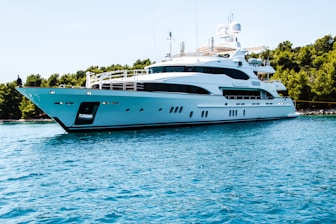 white and black yacht on body of water surrounded with tall and green trees