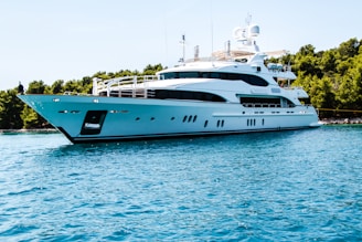 white and black yacht on body of water surrounded with tall and green trees