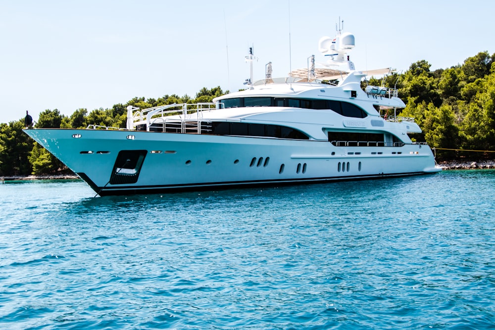 white and black yacht on body of water surrounded with tall and green trees