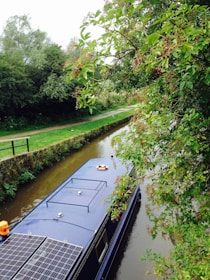 A narrowboat is traveling along a calm canal, bordered by lush green trees and vegetation. Solar panels are visible on the roof of the boat, along with a lifebuoy. Overhanging branches with berries create a peaceful and natural setting.