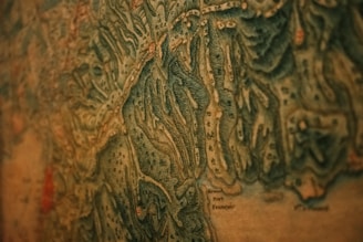 A close-up view of an old, detailed map with intricate topographical features. The map has various shades of green and brown, indicating different elevations and terrain types. Small markings and labels are scattered throughout, suggesting towns or landmarks.