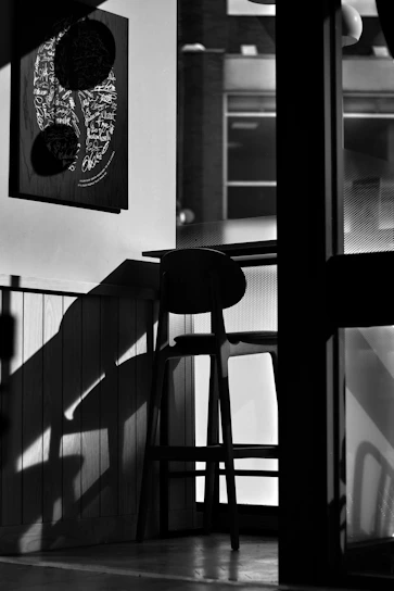 A sleek black and white photograph of a minimalist art print displayed in a stylish, dark-toned living room.