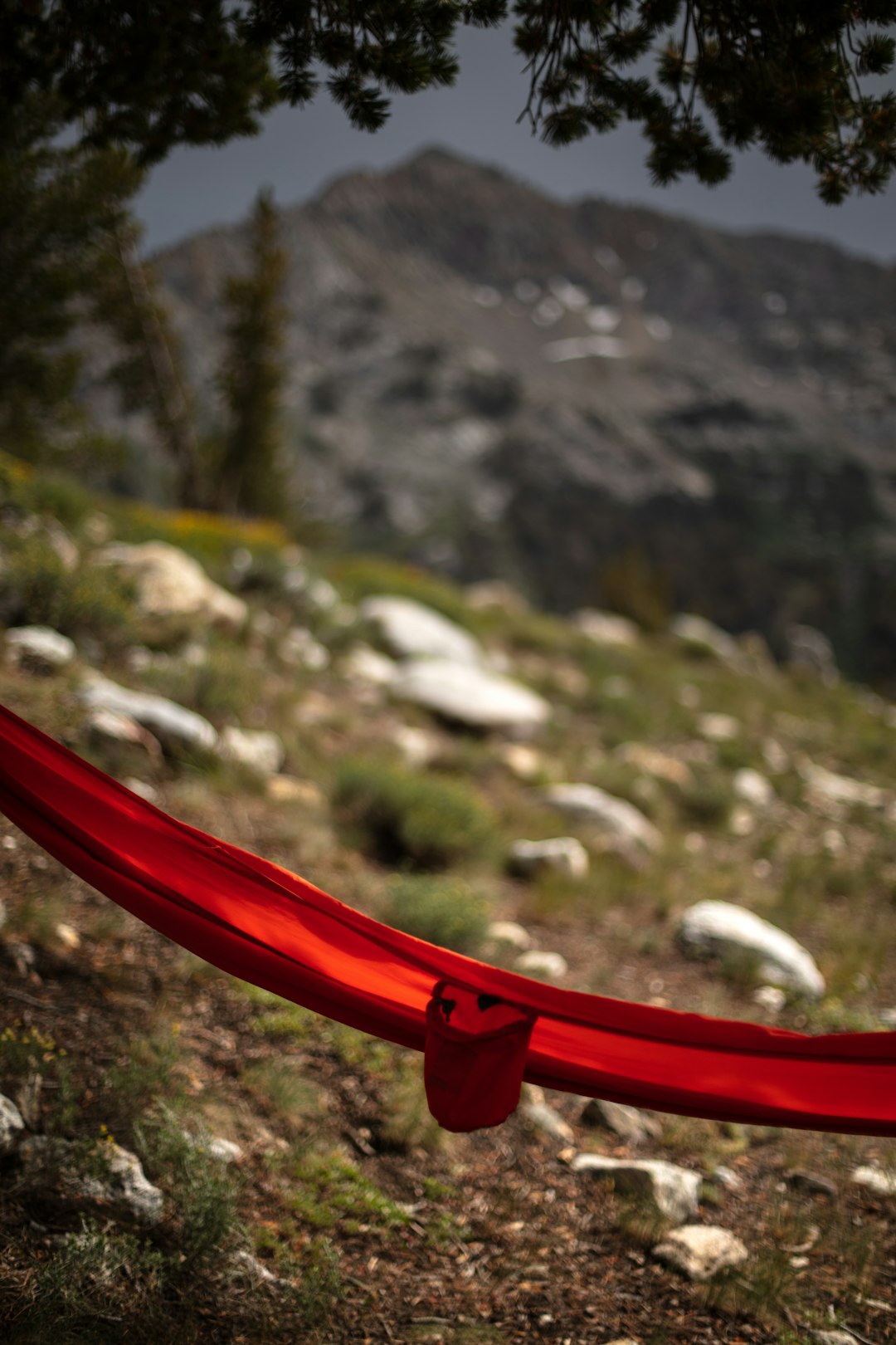 empty red hammock on the hill